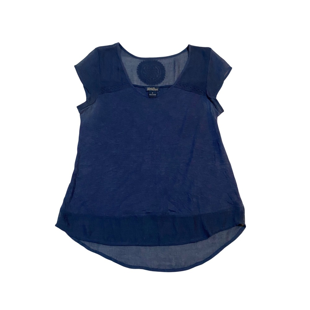 Lucky Brand Navy Blue Lace Mixed Media High Low V-Neck Blouse Top Womens Medium